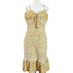 FARM Rio OFF WHITE CASHEW MIDI DRESS floral yellow size large